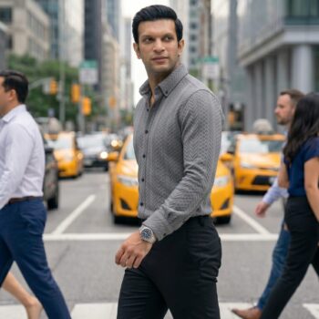 Men's Textured Knit Grey Button-Down Shirt Stylish Wear